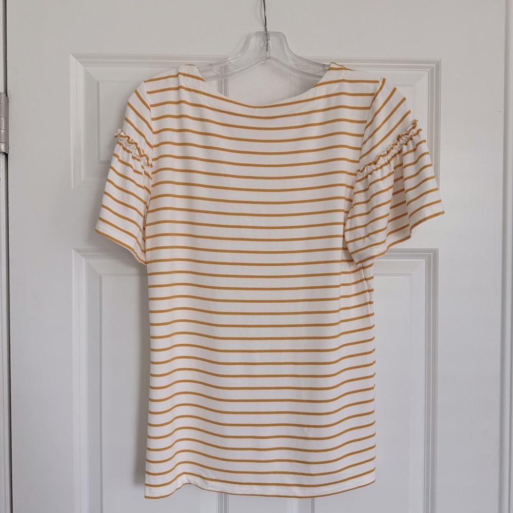 Ann Taylor Factory Short Sleeve Knit Shirt White with Yellow Stripes Small (B)